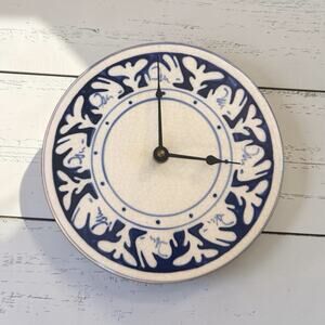 VTG 1988 Nash Pottery Dedham Bunny Clock Plate WORKS Signed NP Blue&White